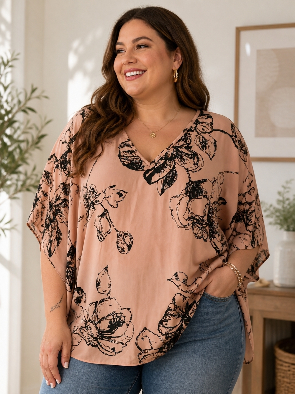 Women's Pink Floral V-Neck Blouse - Brand